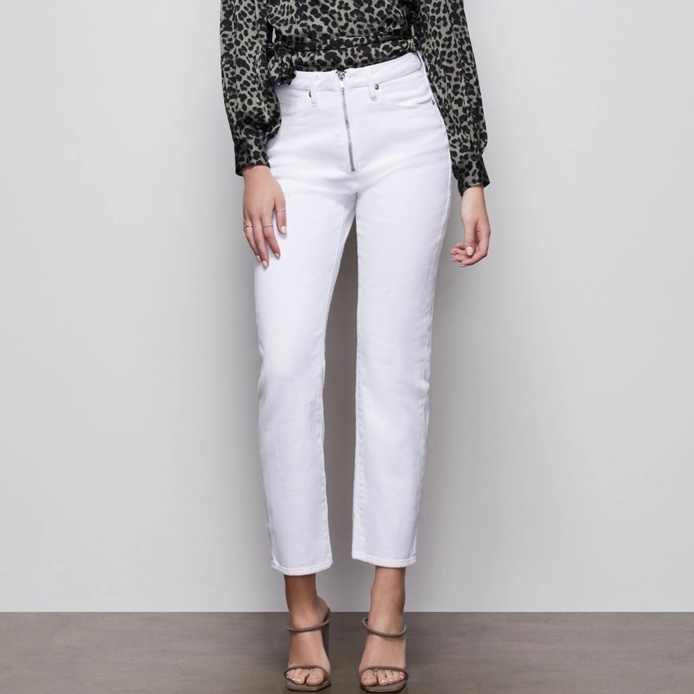 Good American white exposed zipper jeans